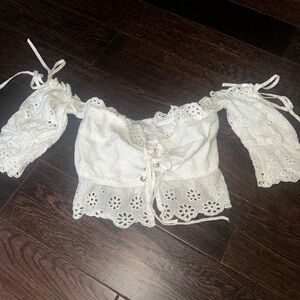 Etophe Studios White Eyelet lace up Tie Front puff sleeve Crop Top off shoulder